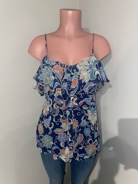 Maeve by Anthropologie Blue Floral Ruffle Cami with Spaghetti Straps. Size 0